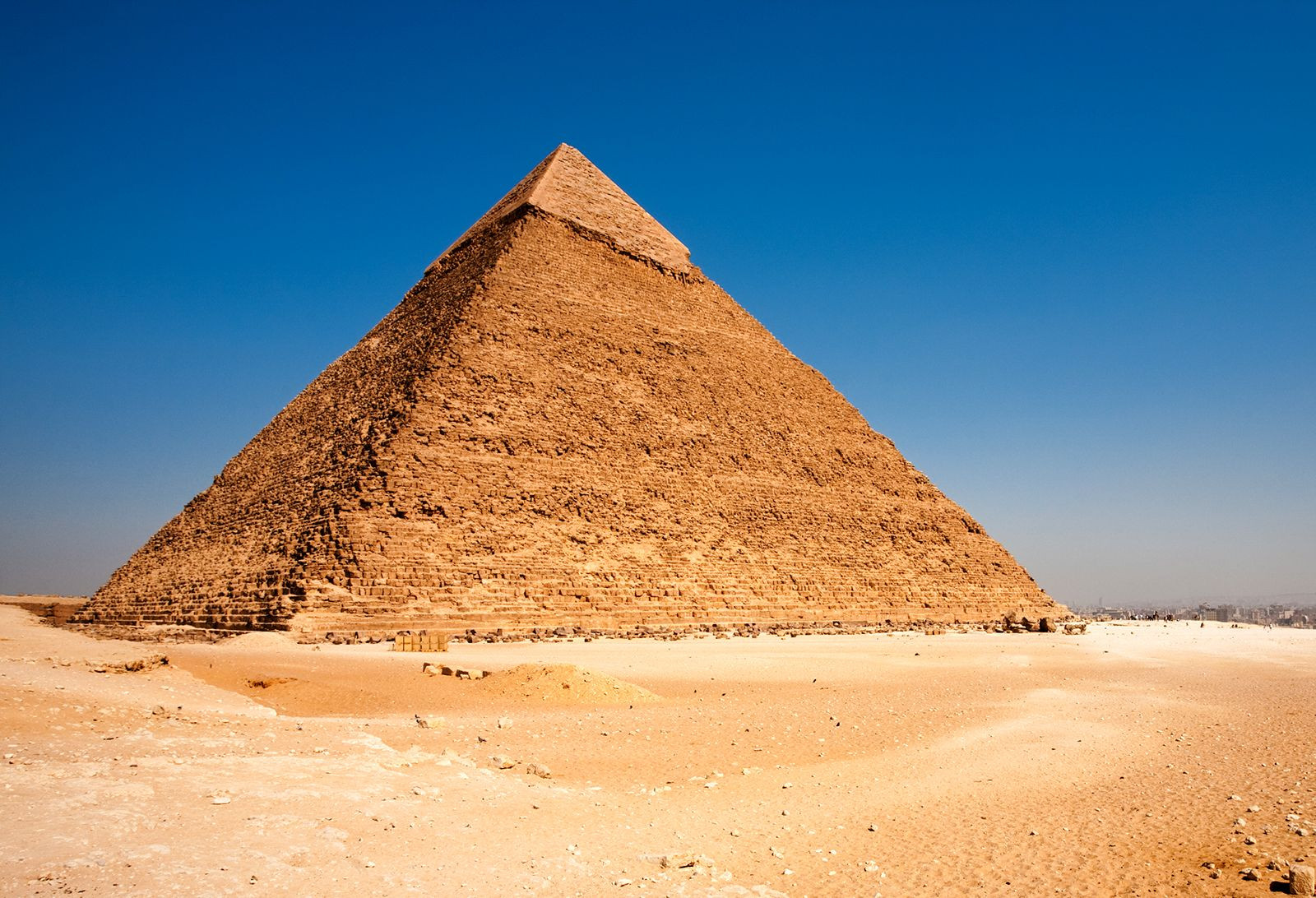 Pyramid of Khafre at Giza, with original limestone casing visible at the top
