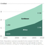 Area chart showing Black immigration from Africa to U.S. more than tripled from 2000 to 2019