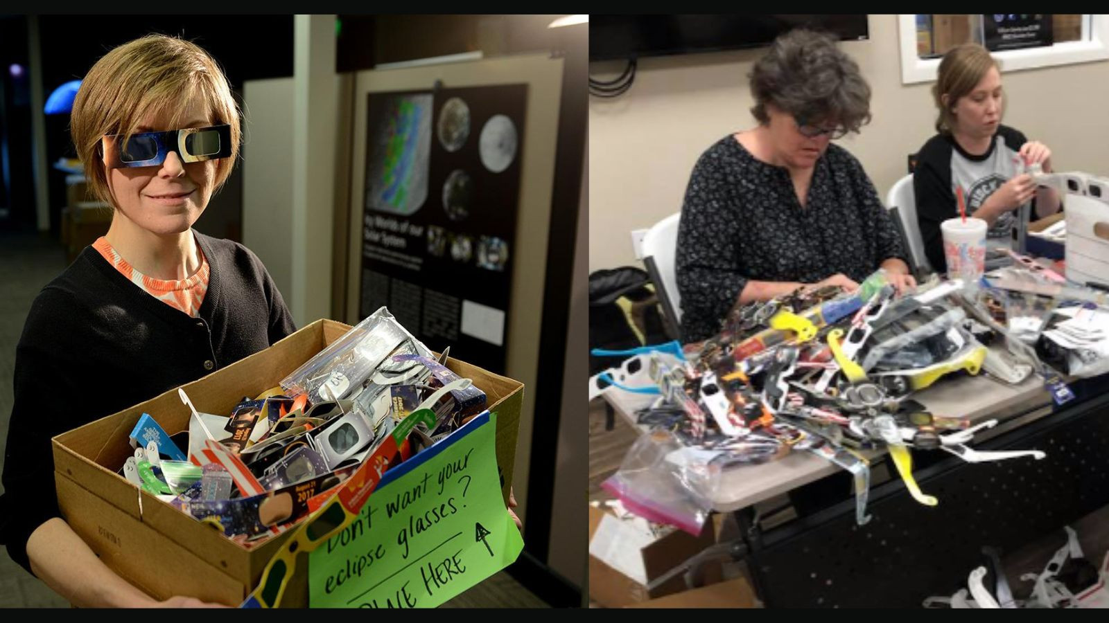 People sorting and inspecting donated eclipse glasses