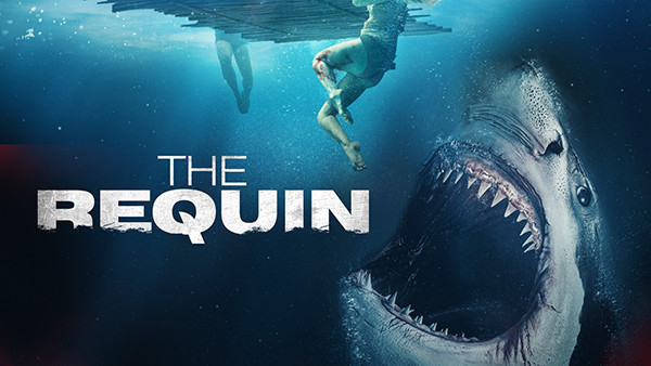 Movie poster for The Requin, showing a couple stranded on a platform surrounded by sharks.
