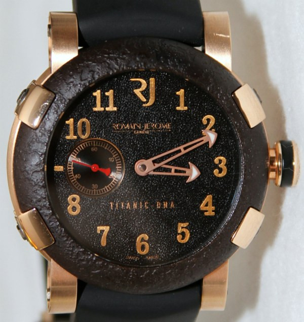 Close-up of the Romain Jerome Titanic DNA watch dial showing textured surface and anchor-shaped hands