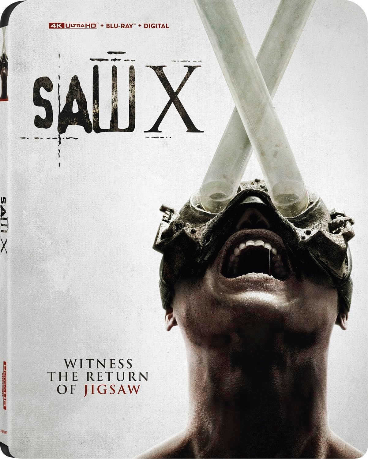 Saw X 4K Blu-ray and Digital copy package showcasing the movie title and Jigsaw's menacing face