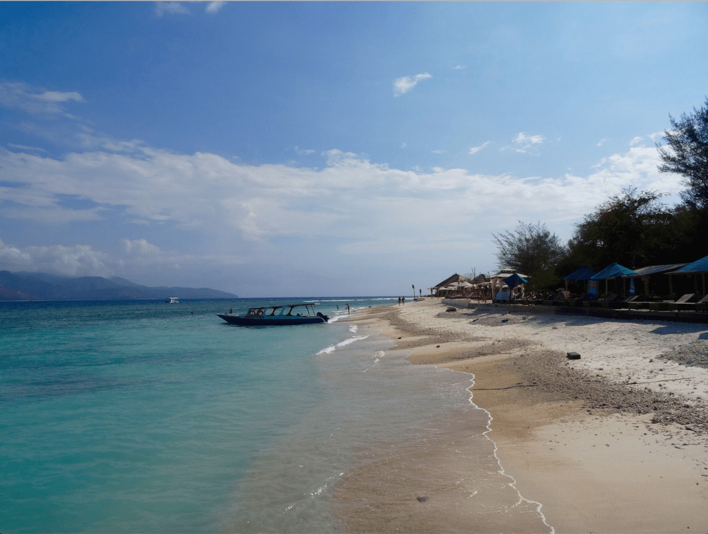 Panoramic view of the Gili Islands, Indonesia, showcasing their stunning turquoise waters and white sand beaches.