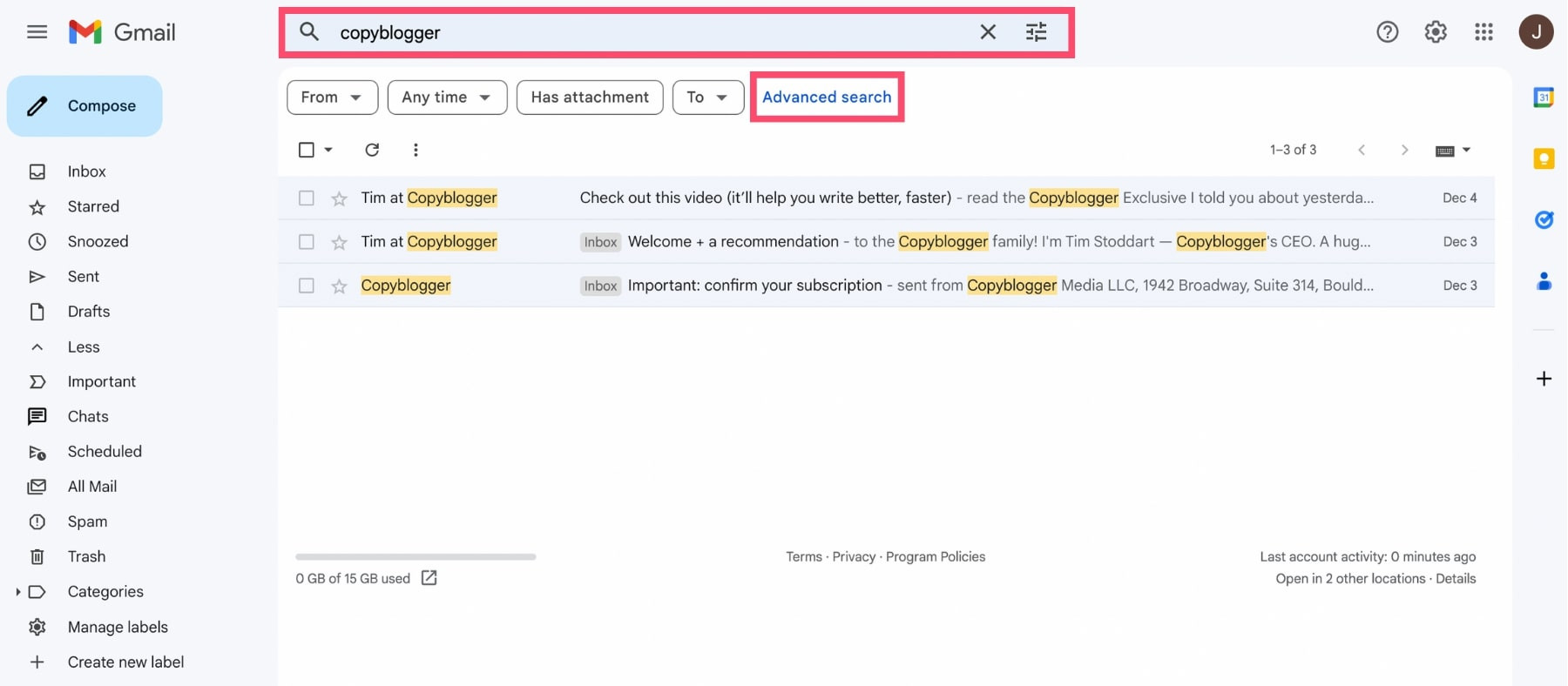 Searching for archived emails using keywords in the Gmail search bar.