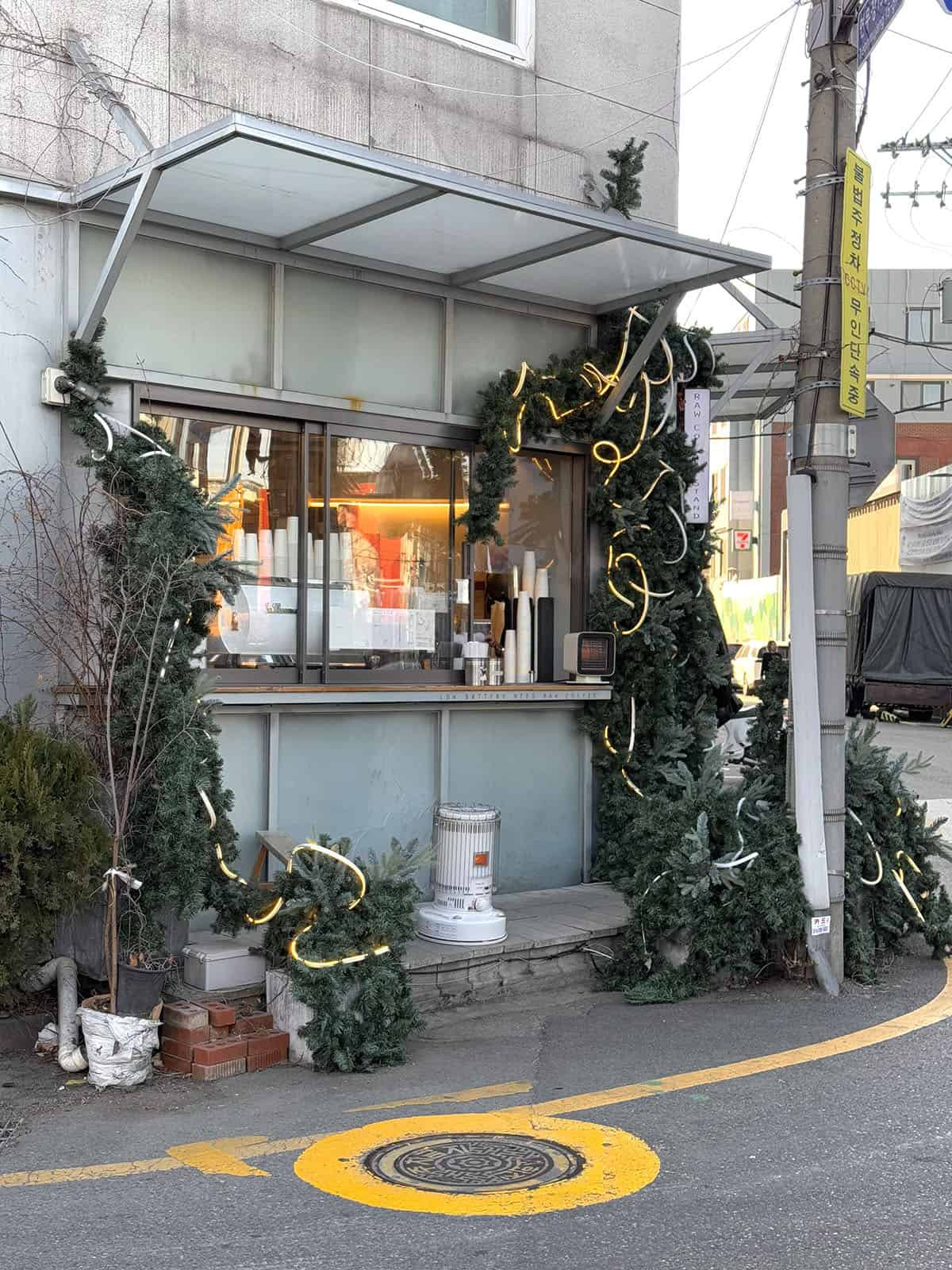A cute cafe facade adorned with Christmas decorations in Seongsu-dong, Seoul