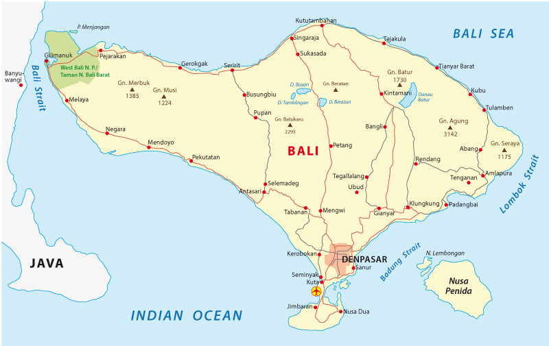A map of the island province of Bali