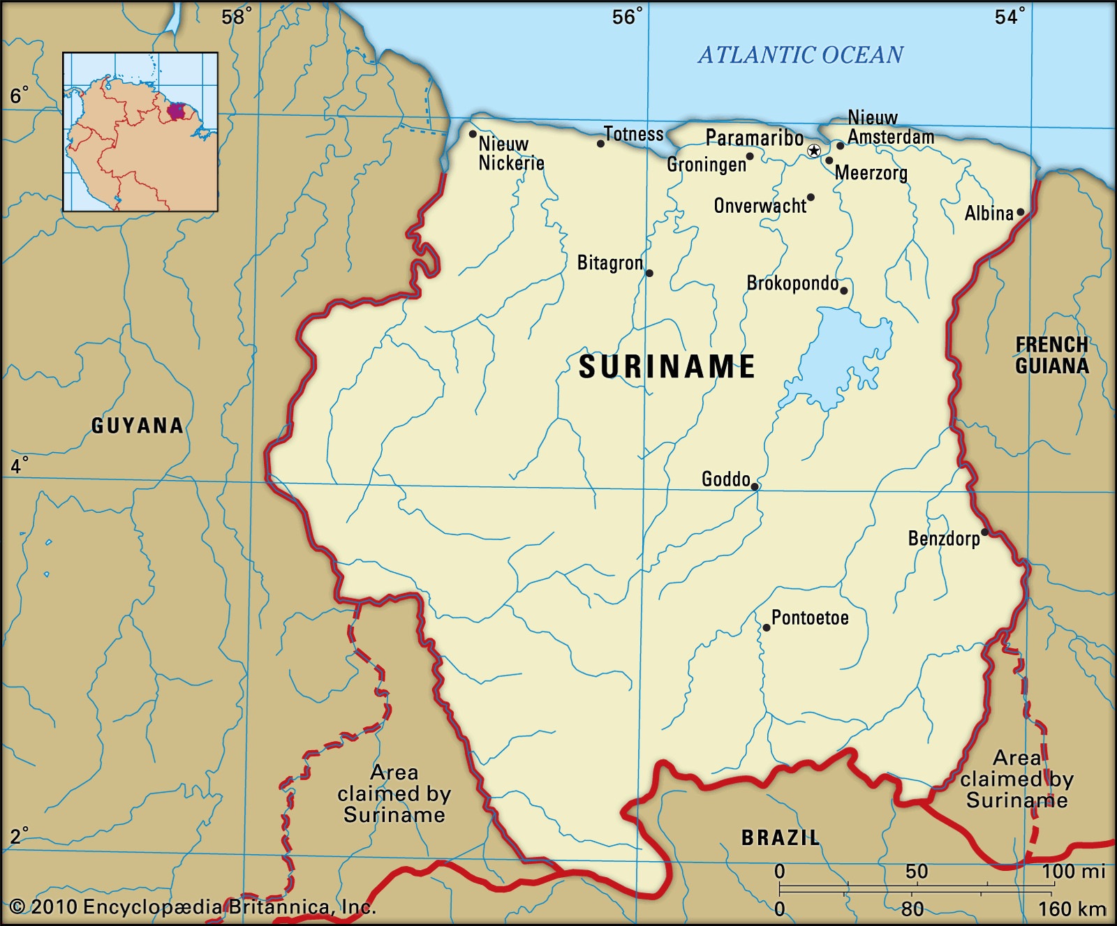 Suriname map highlighting its location in South America
