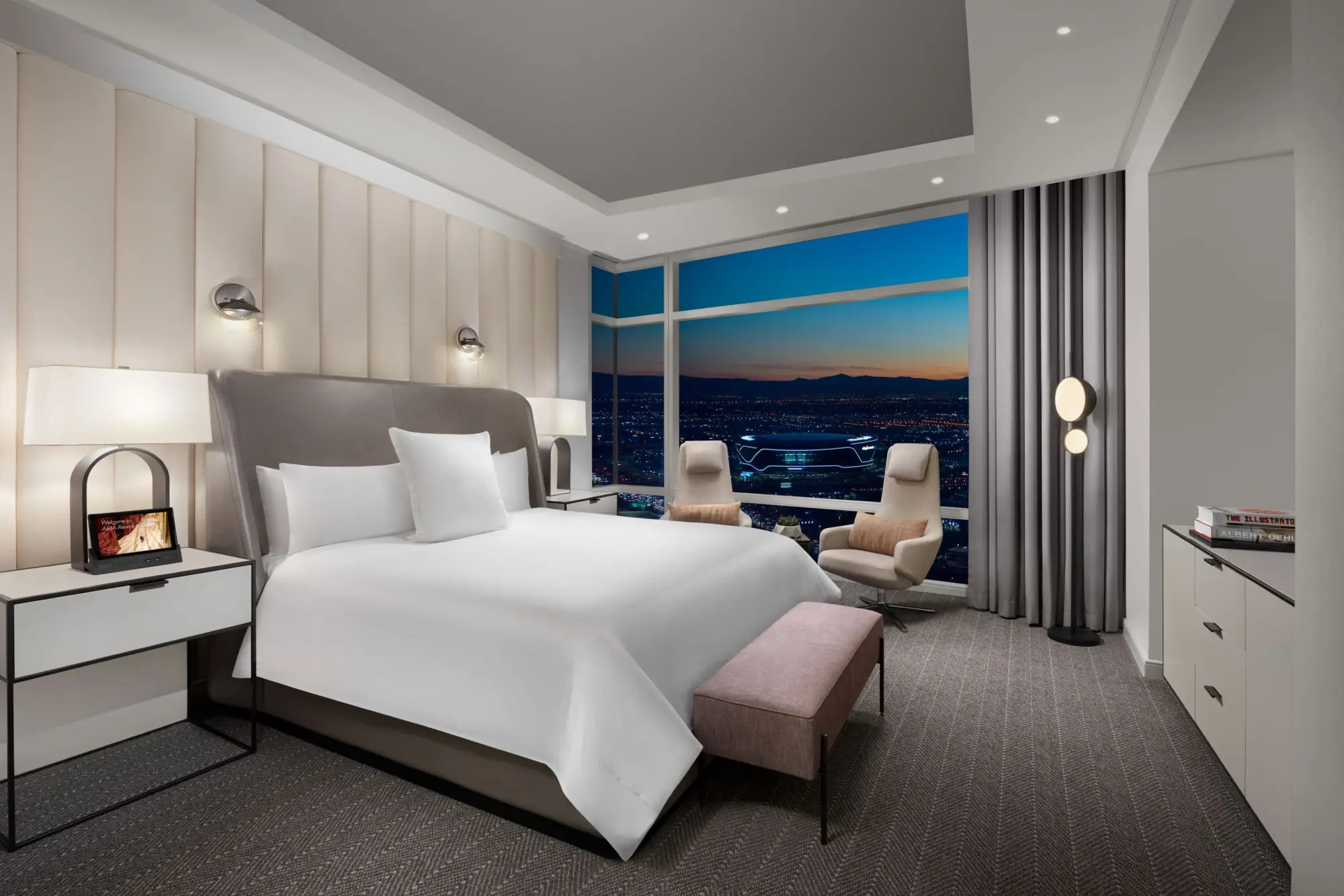 High-tech amenities, comfortable and sleek furniture and an amazing view of Allegiant Stadium are highlights at ARIA Resort &amp; Casino