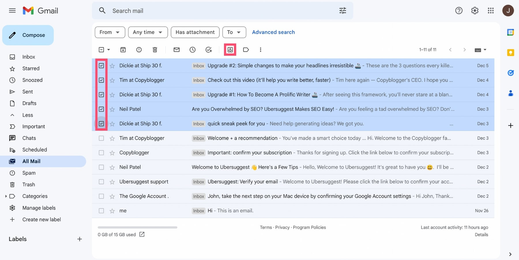 Unarchiving multiple emails simultaneously within Gmail by using the 'Move to inbox' option.