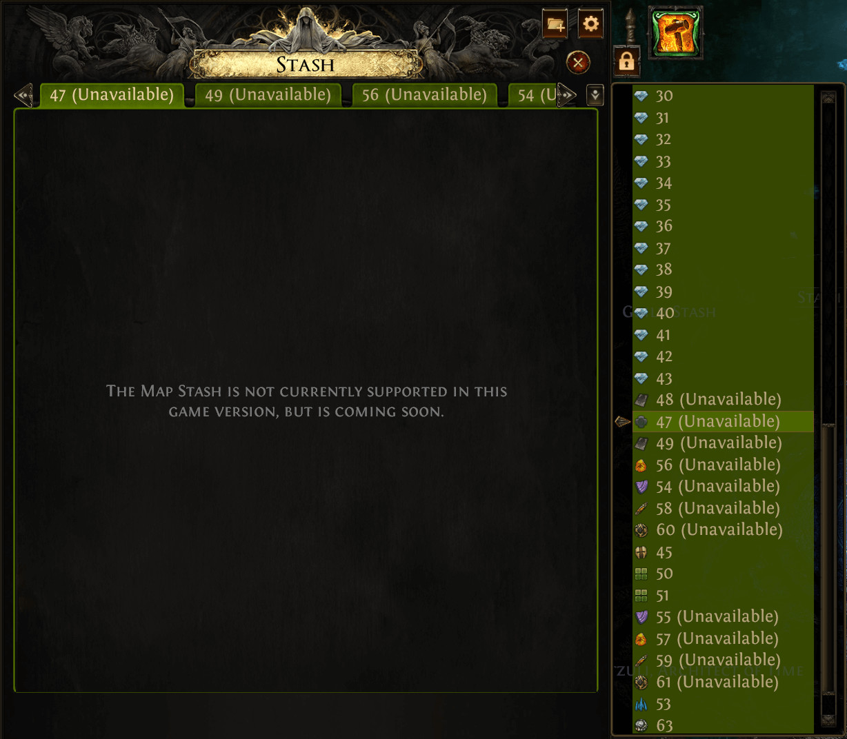 Unavailable Stash Tab icon in Path of Exile 2, indicating tabs not currently implemented in the game.