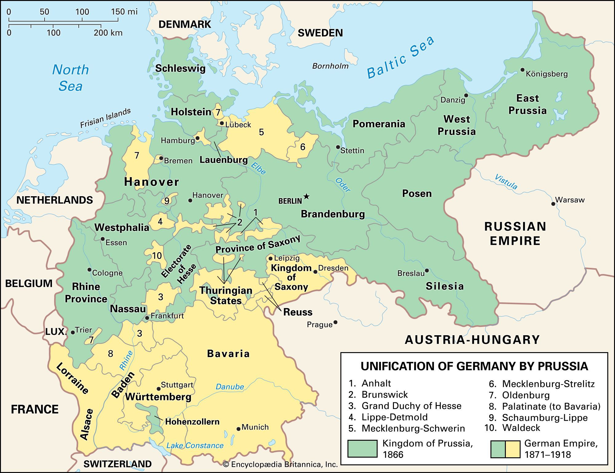 Map illustrating the Unification of Germany led by Prussia, highlighting the expansion of Prussian territory across north-central Europe to form the German Empire.