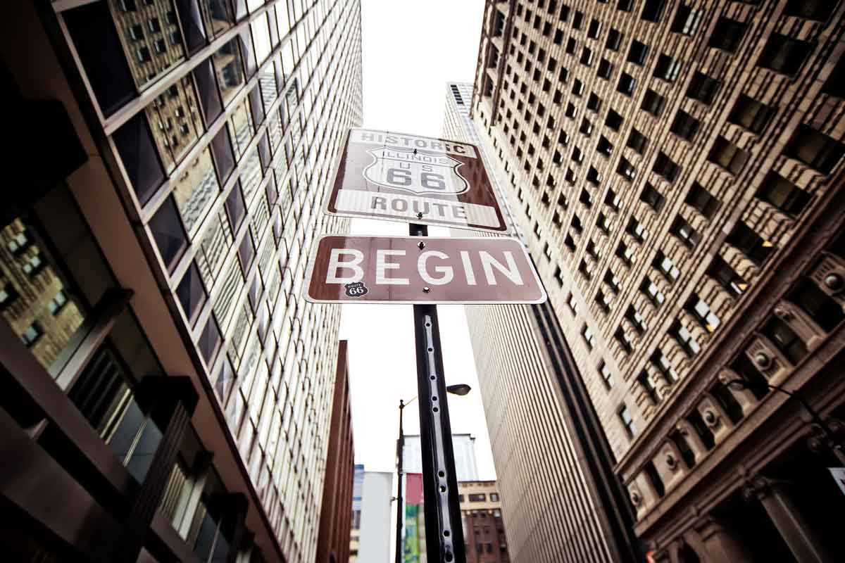 Historic Route 66 Begin Sign in Downtown Chicago