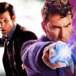 Matt Smith holds the sonic screwdriver while David Tennant points his new sonic screwdriver at the camera