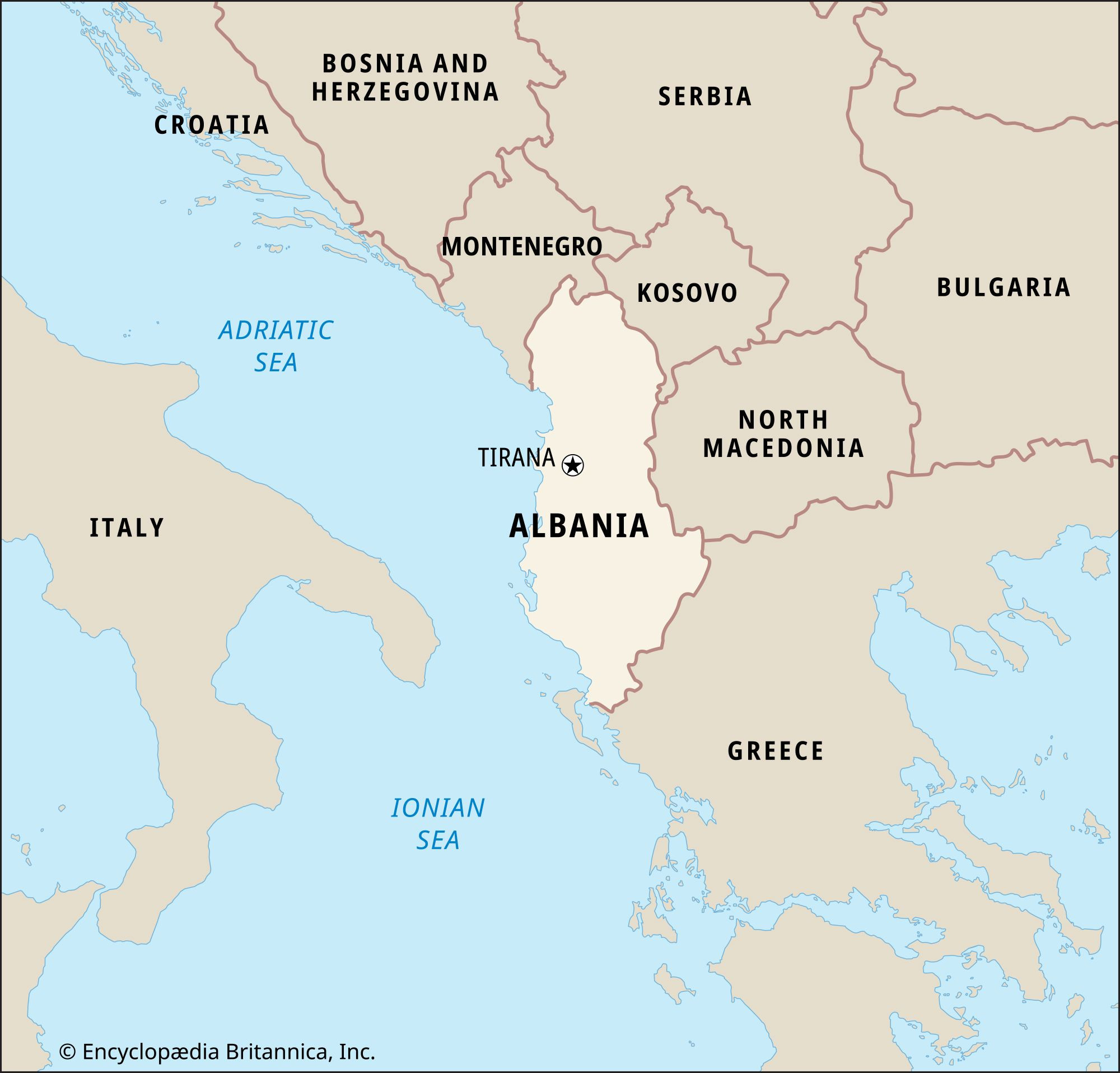Albania location map highlighting its position in Europe and proximity to neighboring countries and seas.
