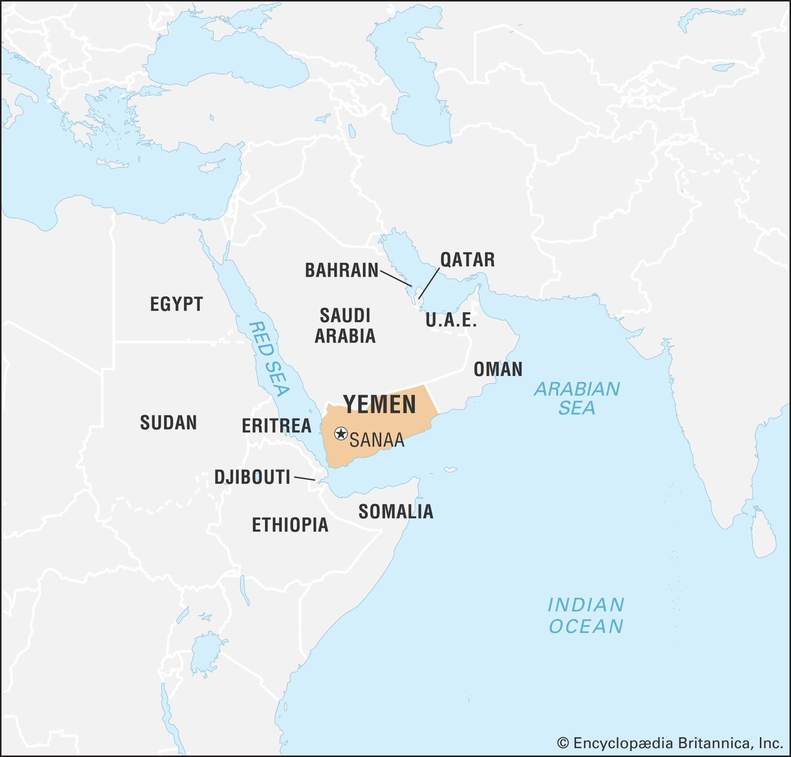 Geographic location of Yemen highlighted on a world map, pinpointing its situation in Southwest Asia on the Arabian Peninsula.