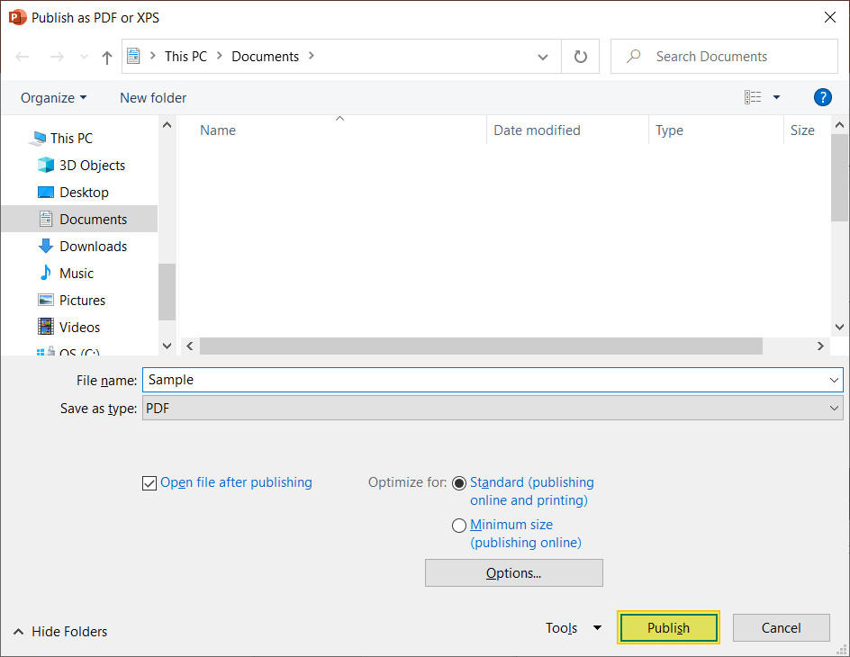 Publish button highlighted in Publish as PDF or XPS dialog box.