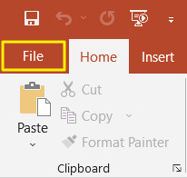 File tab in PowerPoint with a yellow box around it.