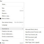 A screen capture from Google Docs, illustrating the "Download" submenu under the "File" menu, highlighting various export options such as Microsoft Word (.docx) and PDF Document (.pdf), crucial for sharing documents in preferred formats.
