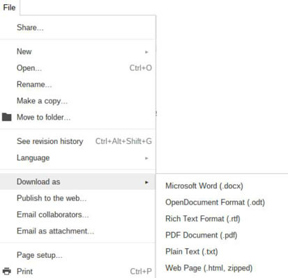 A screen capture from Google Docs, illustrating the "Download" submenu under the "File" menu, highlighting various export options such as Microsoft Word (.docx) and PDF Document (.pdf), crucial for sharing documents in preferred formats.