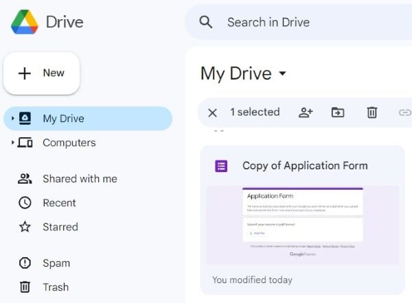 Google Forms Copy Located in Main Directory of Google Drive
