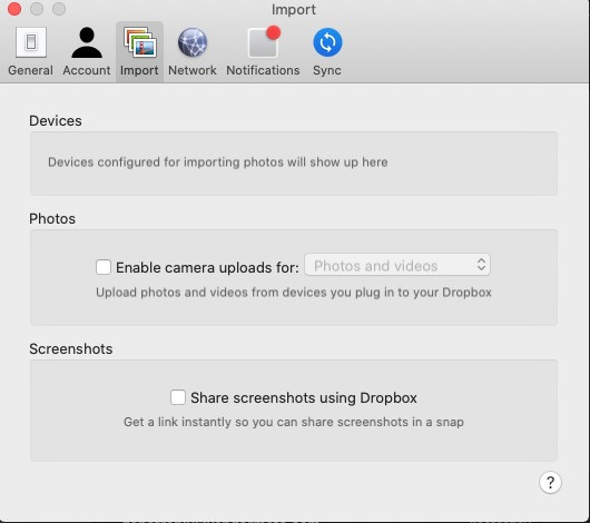 Dropbox preferences for saving screenshots