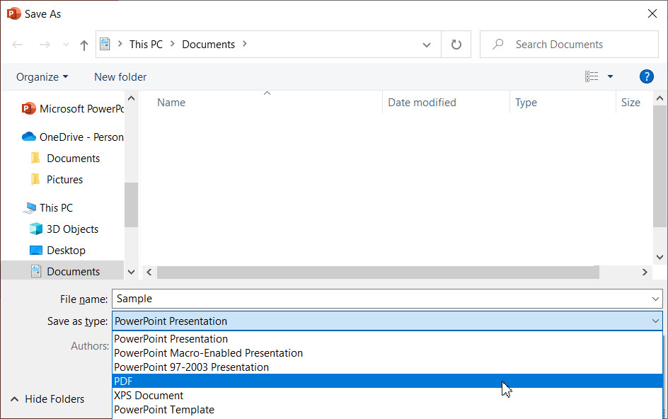 PowerPoint Save As dialog box with PDF selected as the file type.