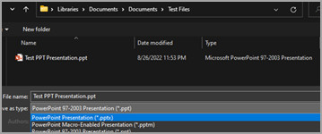 Save PPT as PPTX using PowerPoint's Save As function, selecting the PPTX format from the dropdown menu