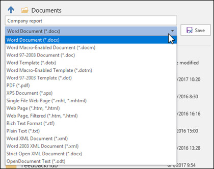 Saving in different formats in Microsoft Word, highlighting the Save as type dropdown menu