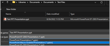 Save PPT with macros as PPTM using PowerPoint's Save As function, selecting the PPTM format from the dropdown menu