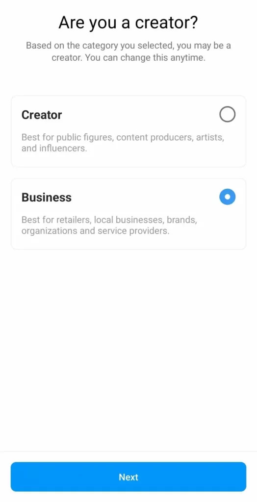 Business Instagram account with creator account option at the bottom