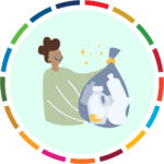 illustration of a person holding a clear bag with trash inside it, smiling, with yellow sparkles around it