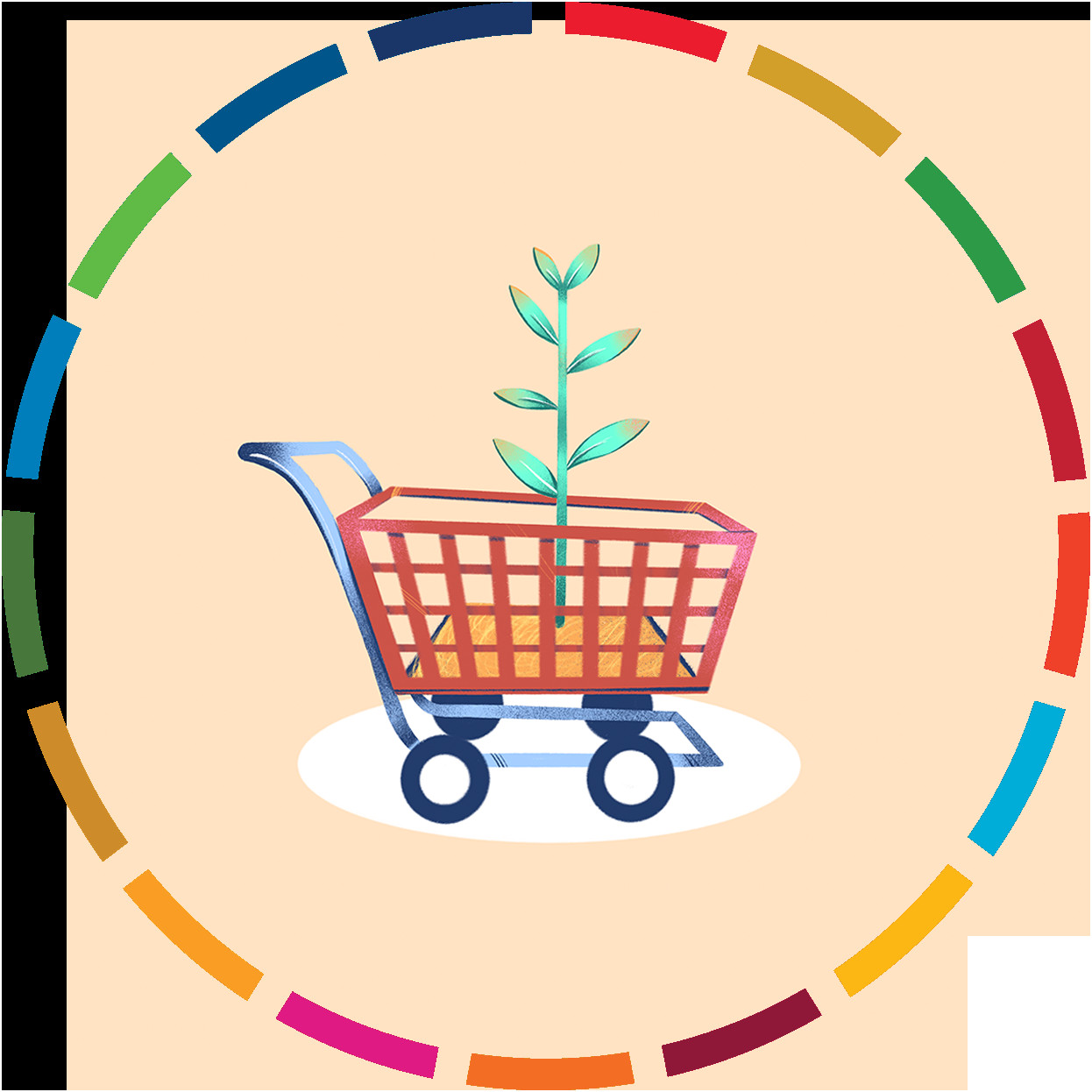 A shopping cart with a plant growing out of it, symbolizing eco-friendly products