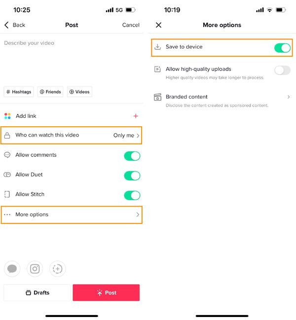 Changing privacy settings in TikTok to privately post the video