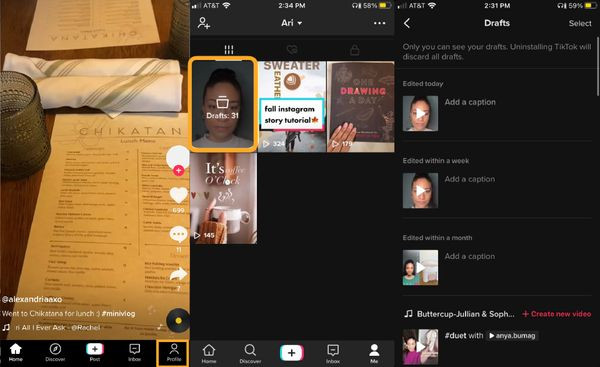 Opening the drafts folder in TikTok to access unpublished videos