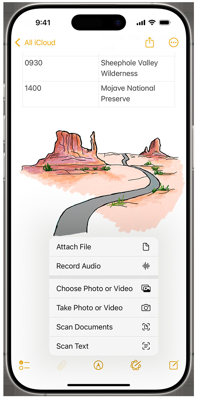 In iOS 18, tap the Attachment button, which looks like a paperclip, to add a photo or video or scan a document in your note