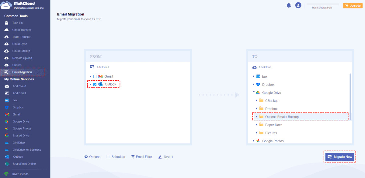 Save Outlook emails to Google Drive using MultCloud