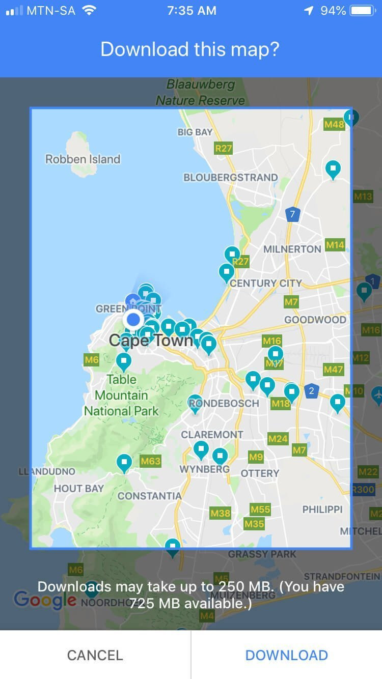 Google Maps interface showing how to search for an area to download for offline use.