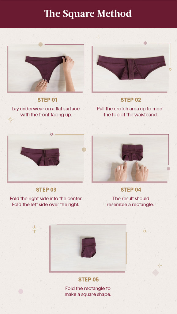 Instructional chart showing how to fold underwear using the square method