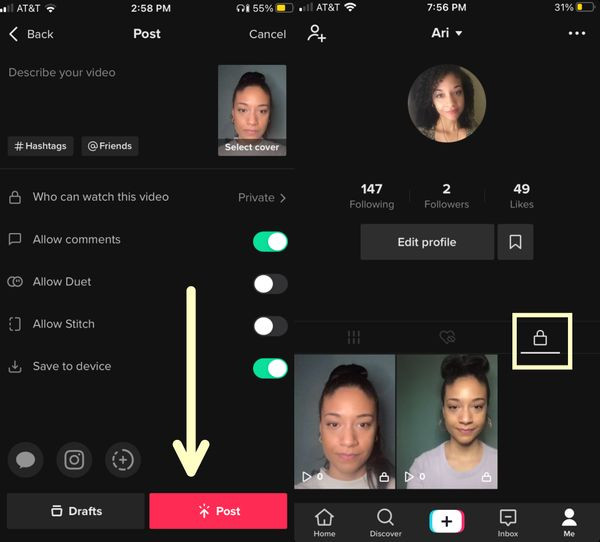 Posting a TikTok video privately to save it to your device