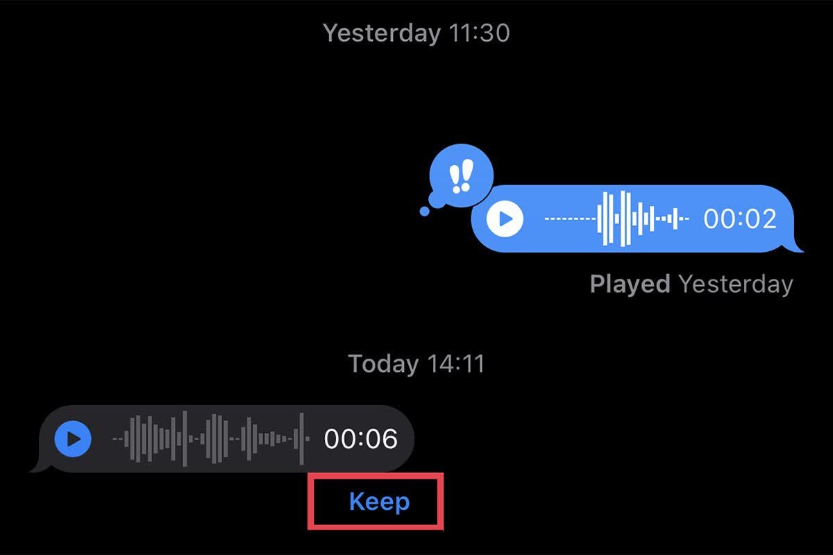 Saving audio messages by tapping the 'Keep' button in the Messages app on iPhone