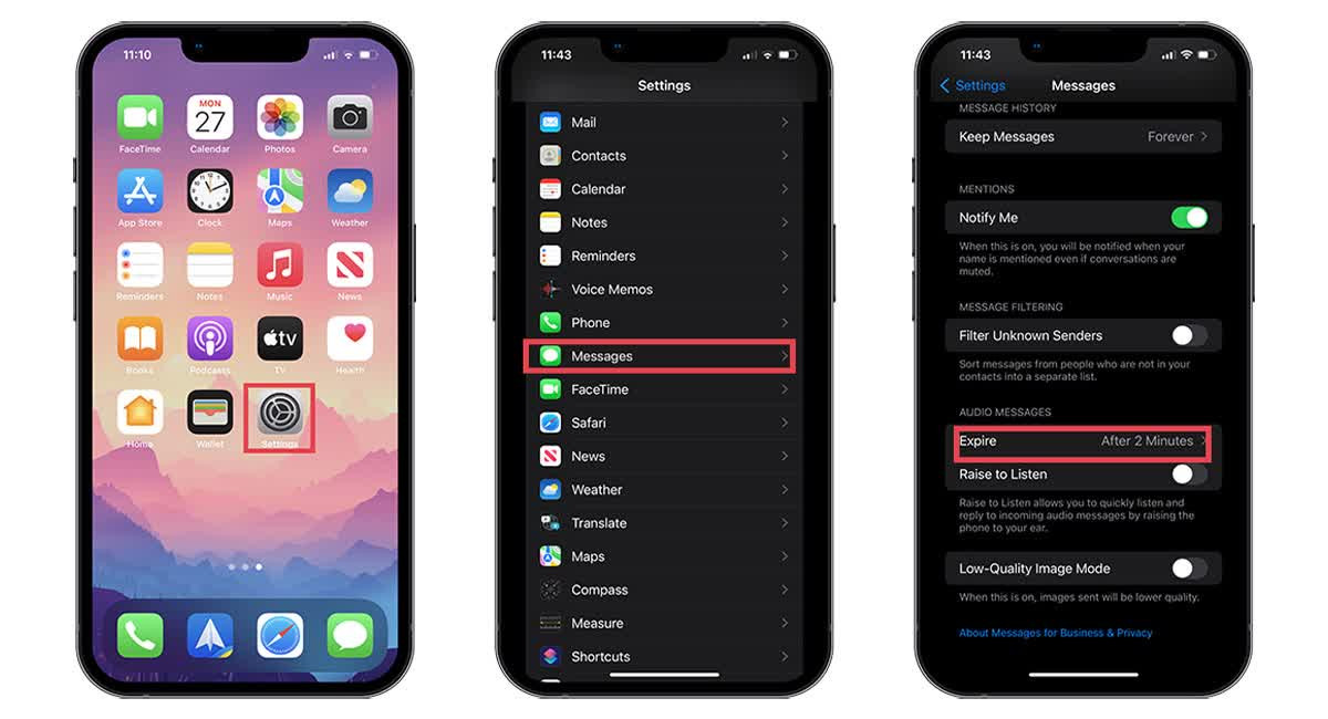 Changing the default audio message settings to 'Never' in the Messages settings on iPhone