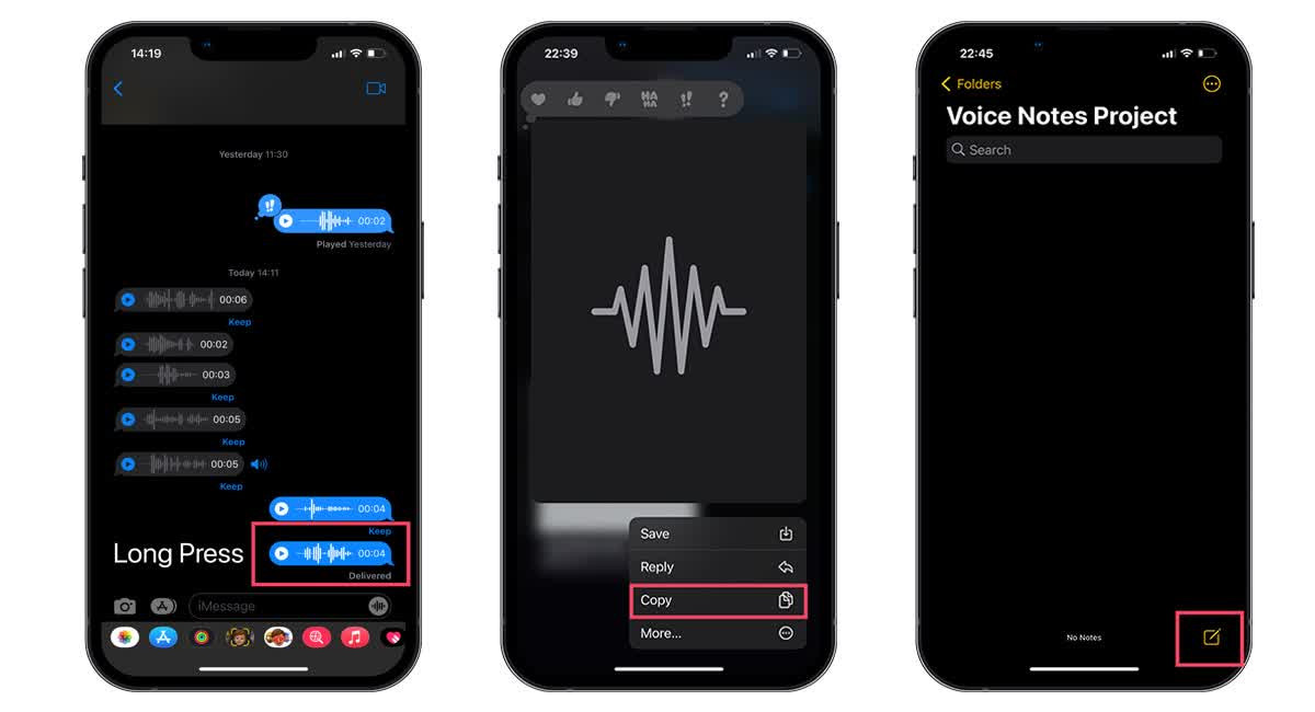 Creating a new note in the Notes app on iPhone for exporting audio messages