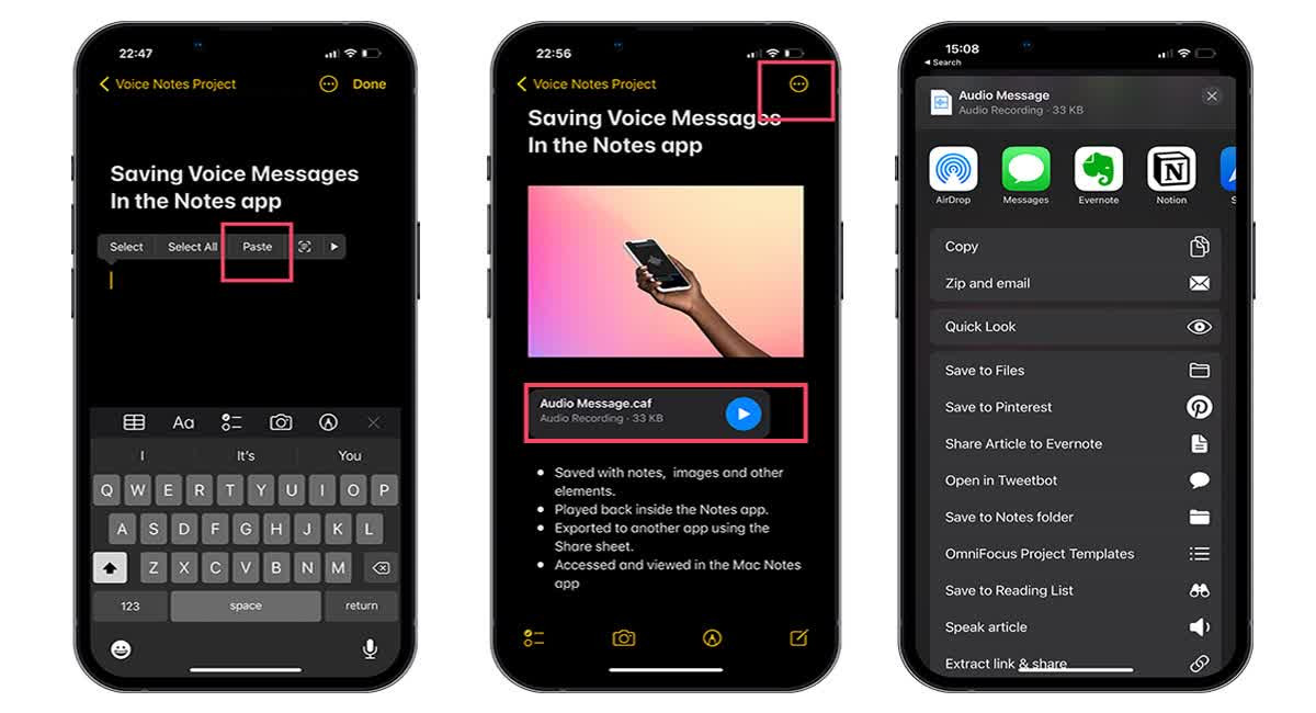 Accessing share options for the audio file in the Notes app on iPhone
