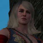 A Witcher 3 scene shows Geralt standing by Keira in a dark cave