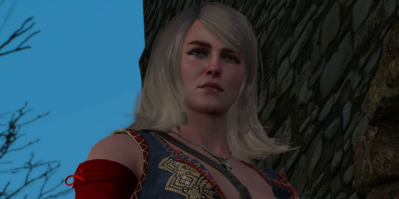 A Witcher 3 scene shows Geralt standing by Keira in a dark cave