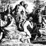 Woodcut depicting events in Genesis 6 entitled "The Sons of God Marry Daughters of Men" illustrating fallen angels marrying human women, rooted in ancient Jewish and Christian traditions