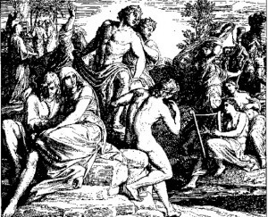 Woodcut depicting events in Genesis 6 entitled "The Sons of God Marry Daughters of Men" illustrating fallen angels marrying human women, rooted in ancient Jewish and Christian traditions