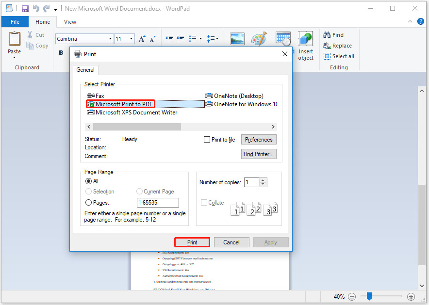 Select Microsoft Print to PDF as your printer, ensuring your WordPad document is saved as a PDF file.