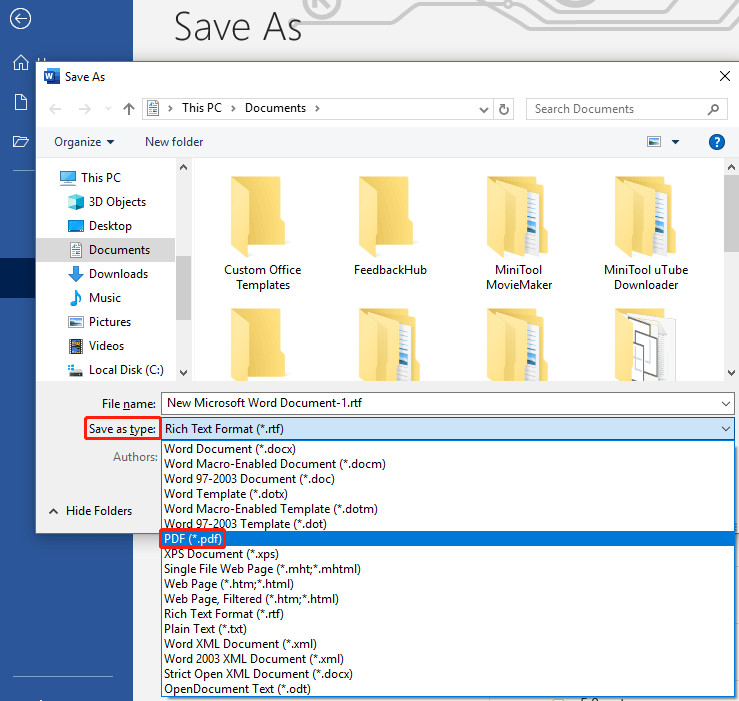 Save WordPad documents as PDF files in Microsoft Word, choosing the PDF format from the Save as type dropdown.